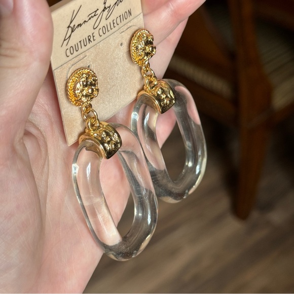 Kenneth Jay Lane Couture Clear Lucite Drop Earrings Gold Tone New 80s Style - Picture 3 of 7